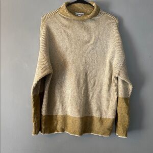 Calvin Klein Cowl Neck Striped Patch Sweater - Cream and Brown Womens XL